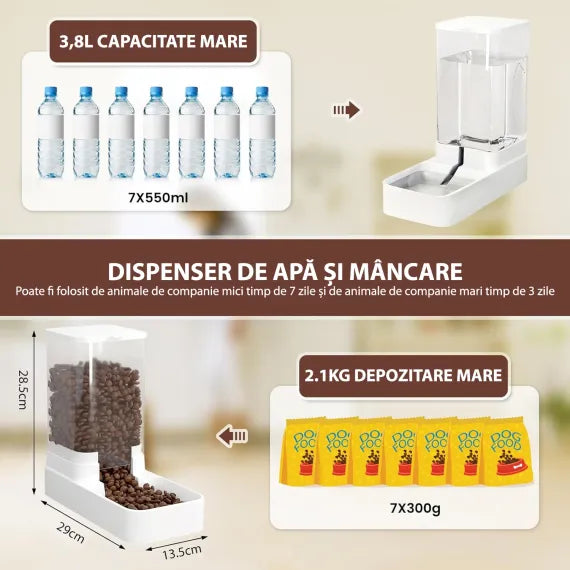 Dispenser Apă și Mâncare pentru Câini și Pisici 2 în 1, 3.8L, Antiderapant, Nontoxic – Fish & Paws®