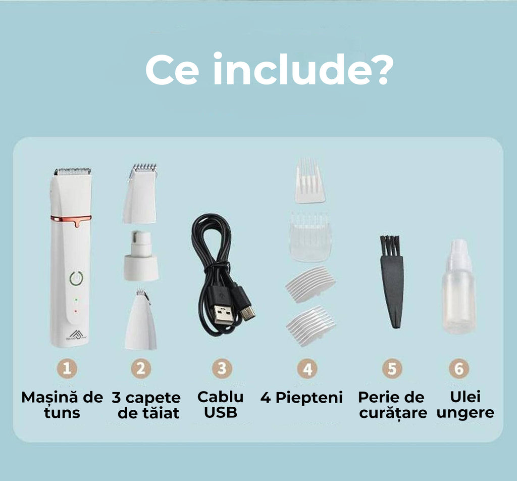 Trimmer Profesional Silențios pentru Câini și Pisici — Tunsoare de Salon, Acasă, Fără Stres