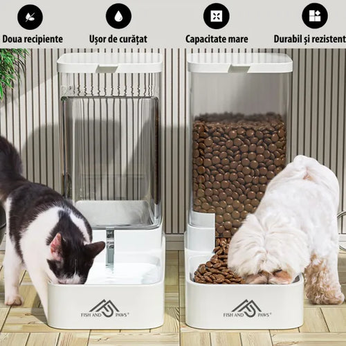 Dispenser Apă și Mâncare pentru Câini și Pisici 2 în 1, 3.8L, Antiderapant, Nontoxic – Fish & Paws®