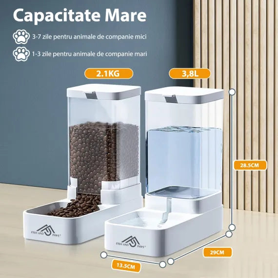 Dispenser Apă și Mâncare pentru Câini și Pisici 2 în 1, 3.8L, Antiderapant, Nontoxic – Fish & Paws®