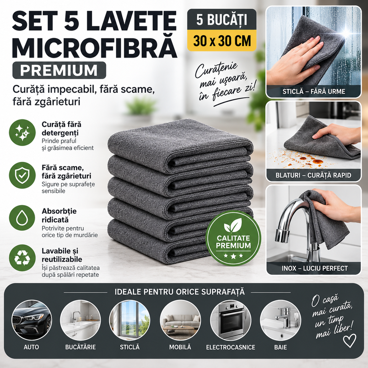 Set 5 Lavete Microfibră Premium, 30x30 cm, Gri — Curăță Impecabil, Fără Scame, Fără Zgârieturi