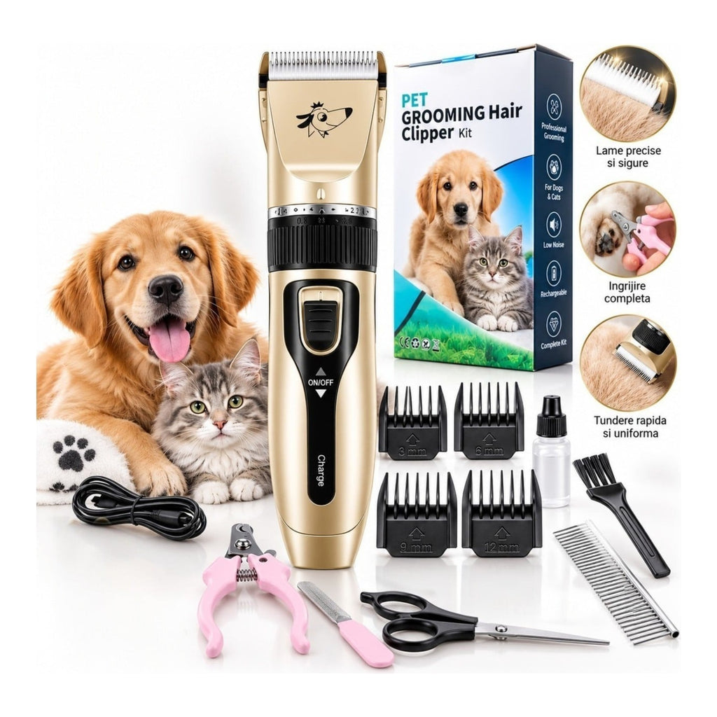 Aparat de tuns caini si pisici, reincarcabil, set complet de grooming
