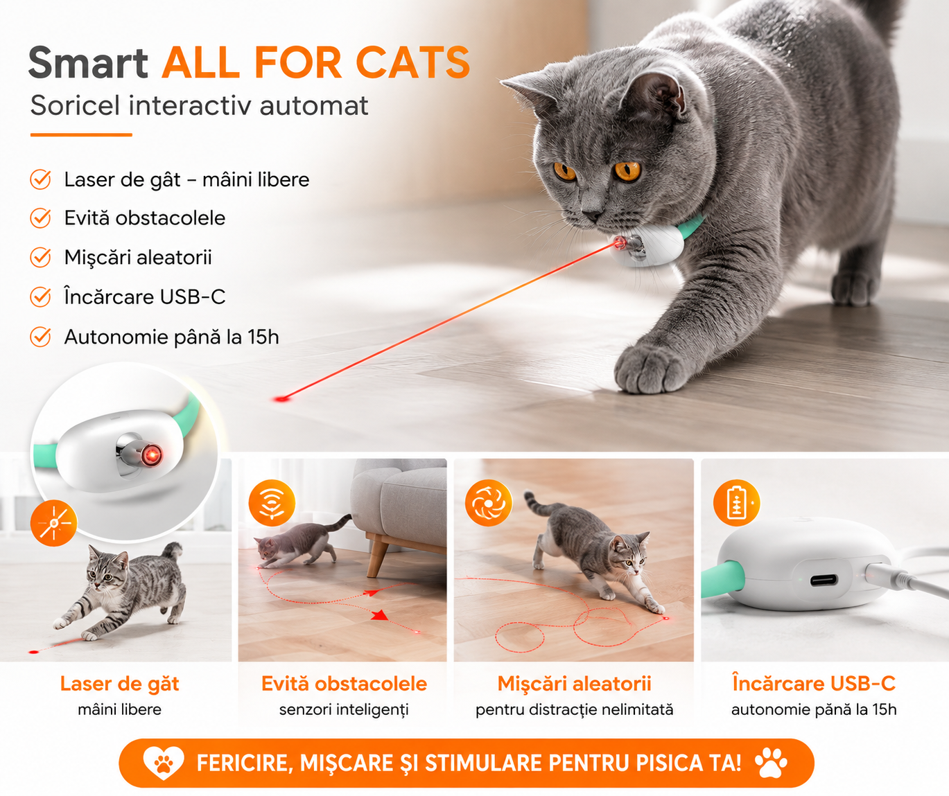 Jucărie Laser Automată pentru Pisici, Smart ALL FOR CATS — Se Poartă la Gât, Mâini Libere