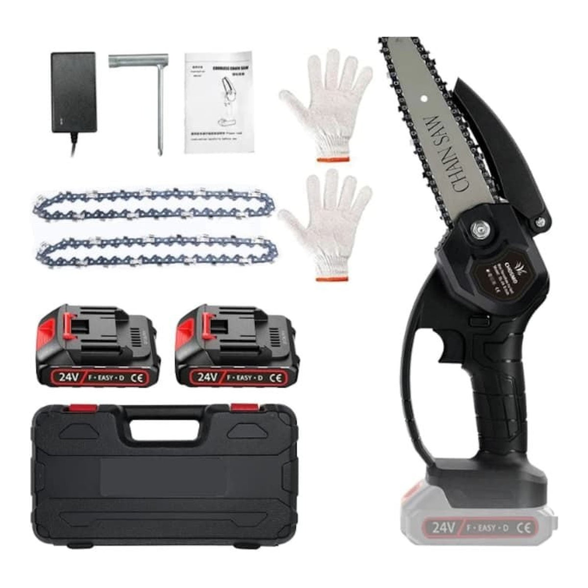 Mini fierastrau cu lant pe acumulator, 48V, 2 baterii, valiza