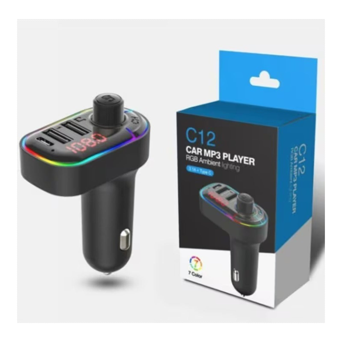 Modulator FM auto C12 Bluetooth 5.0, incarcator rapid, 3 porturi