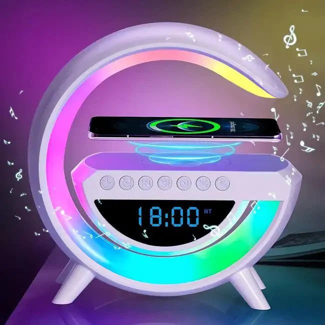 Boxa Portabila 4 in 1: Boxa Bluetooth, Radio, Lampa LED RGB, Ceas cu Alarma, Incarcare Wireless Tele