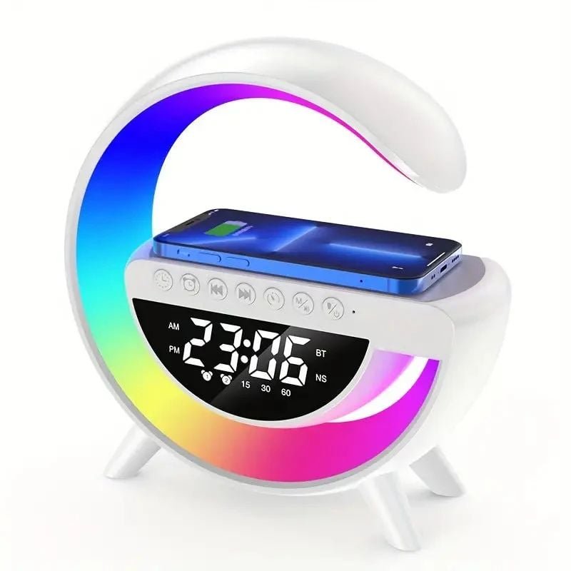 Boxa Portabila 4 in 1: Boxa Bluetooth, Radio, Lampa LED RGB, Ceas cu Alarma, Incarcare Wireless Tele