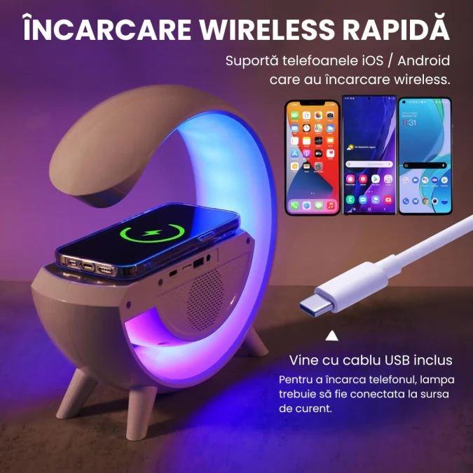 Boxa Portabila 4 in 1: Boxa Bluetooth, Radio, Lampa LED RGB, Ceas cu Alarma, Incarcare Wireless Tele