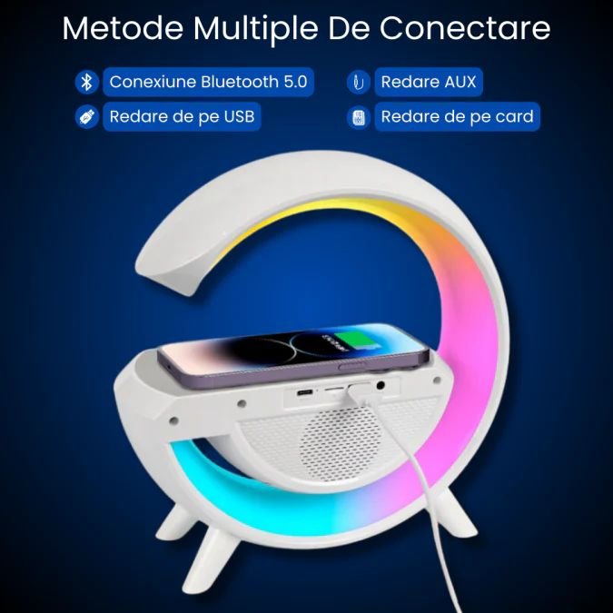 Boxa Portabila 4 in 1: Boxa Bluetooth, Radio, Lampa LED RGB, Ceas cu Alarma, Incarcare Wireless Tele