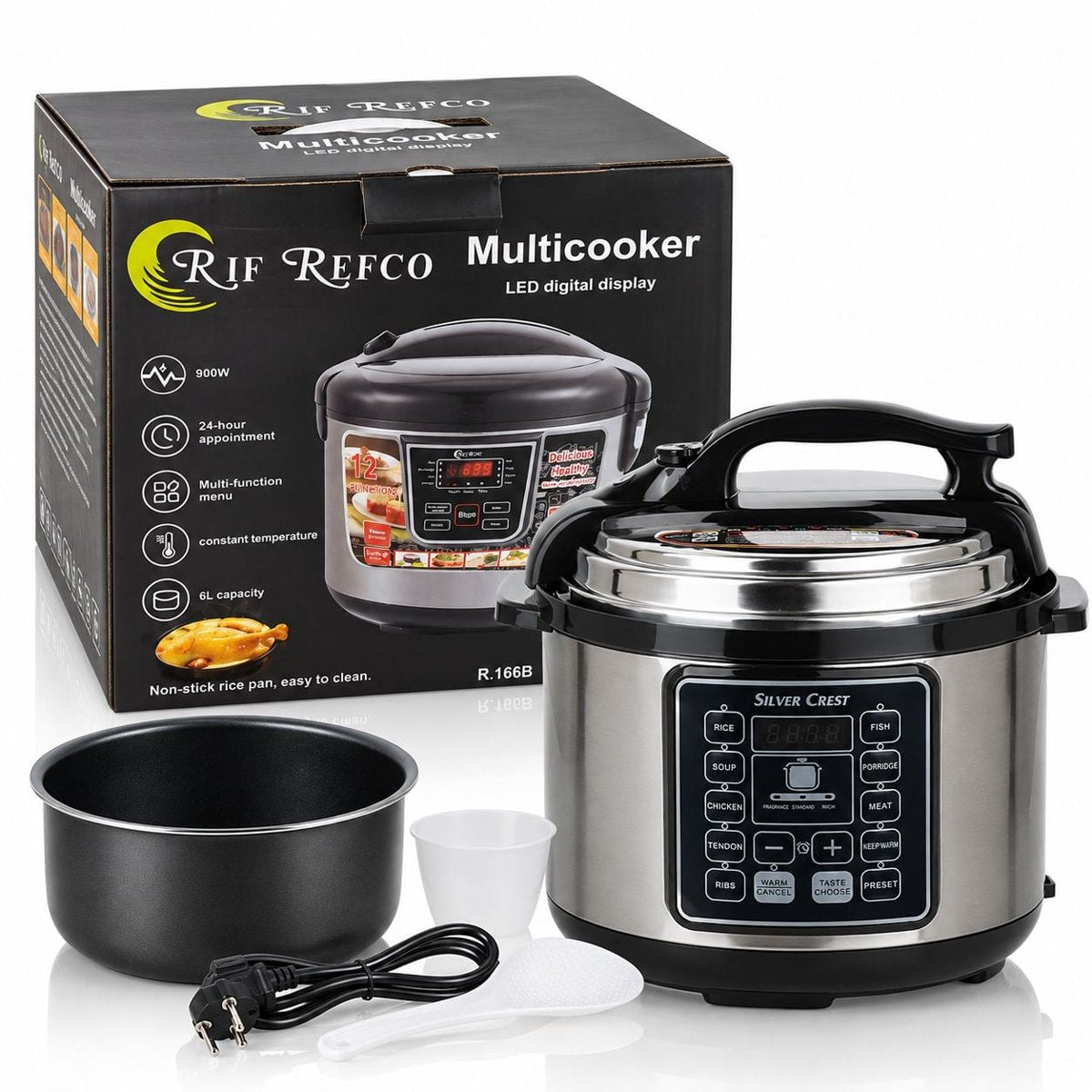 Oala sub Presiune Multicooker Electric Multifunctional R.166B, 900W, 6L, 12 Functii, Display Digital