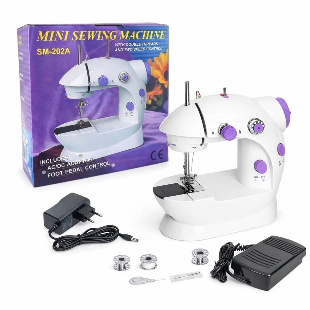 Mini masina de cusut electrica, cu pedala si alimentator, accesorii incluse