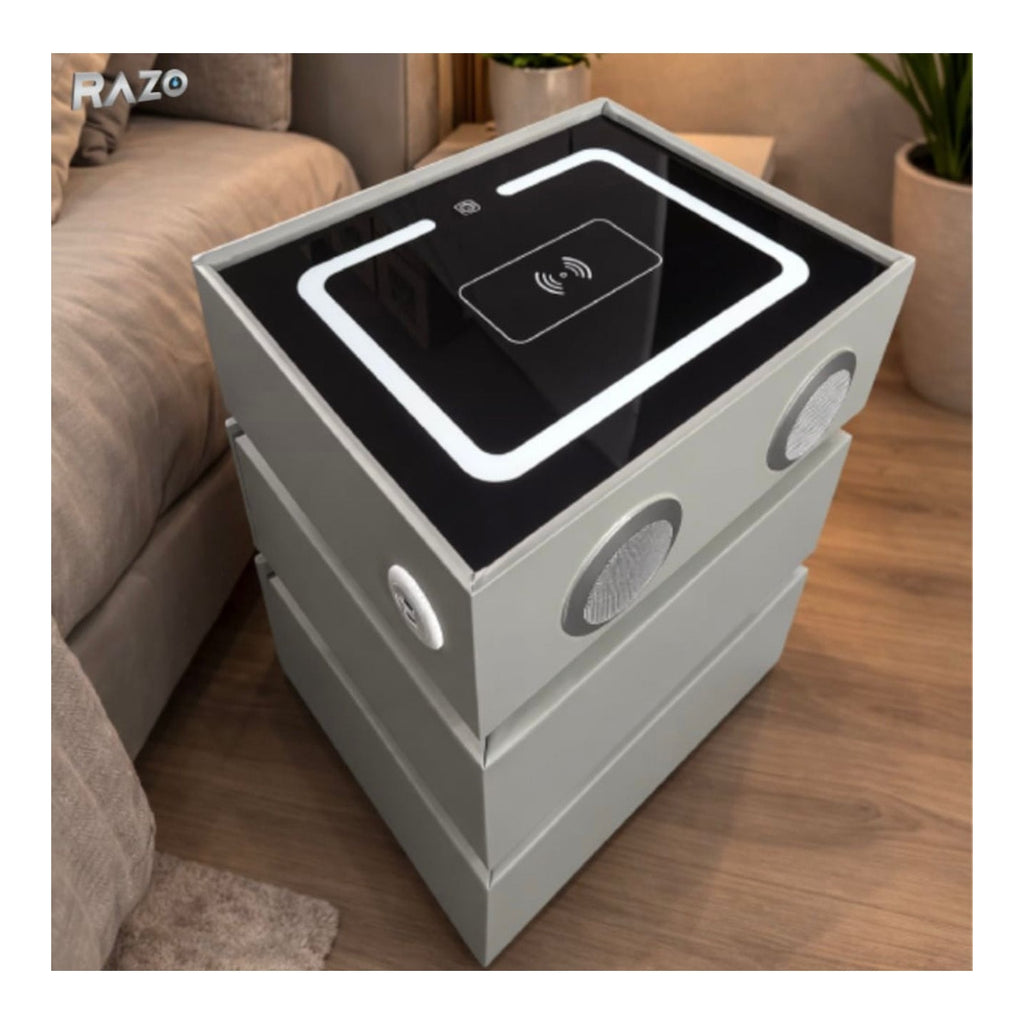 Noptiera smart cu incarcare wireless, lumini LED si boxa Bluetooth