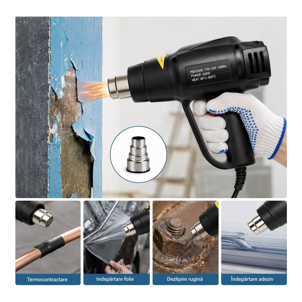 Pistol cu aer cald 2000W, temperatura reglabila 60-600°C, cu duza