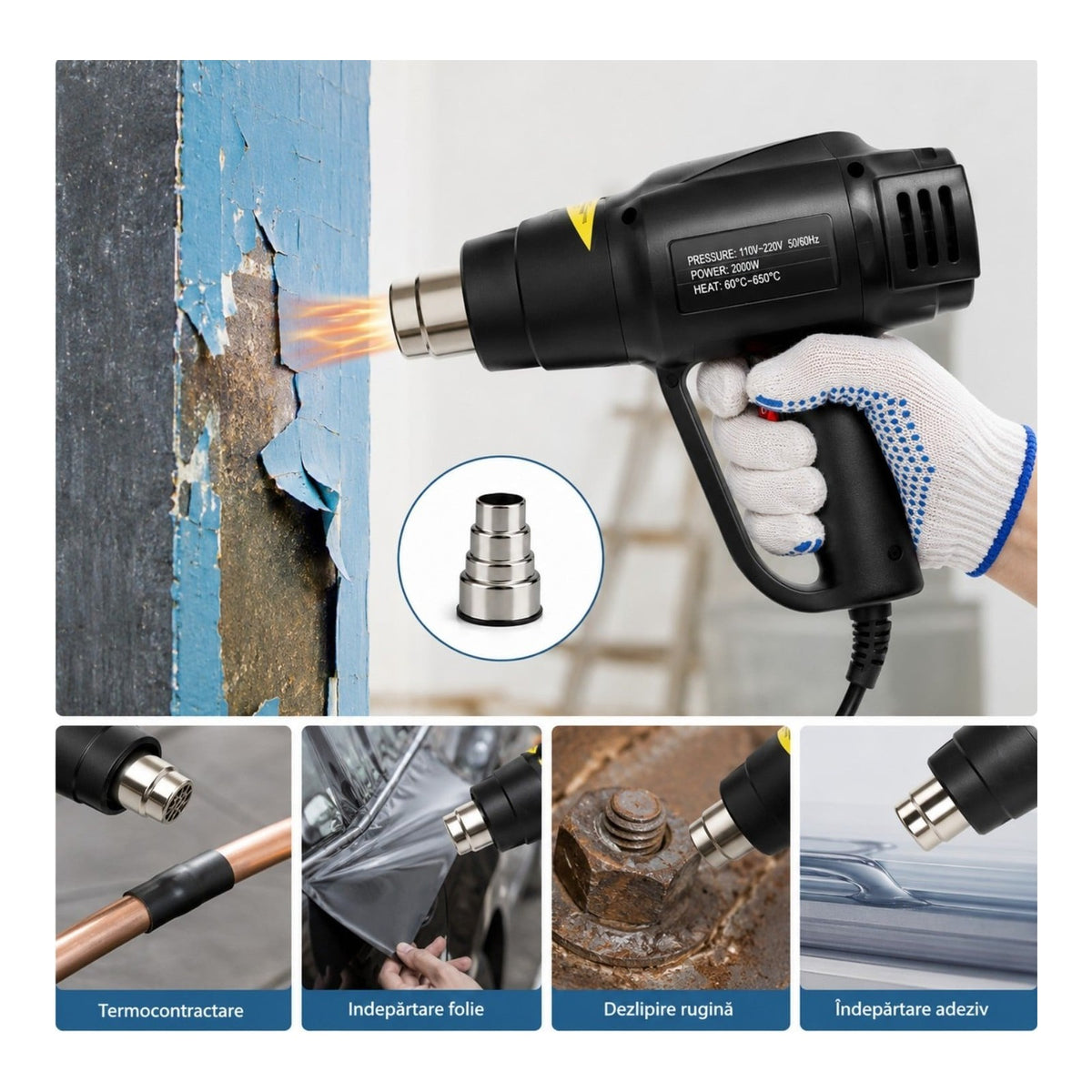 Pistol cu aer cald 2000W, temperatura reglabila 60-600°C, cu duza