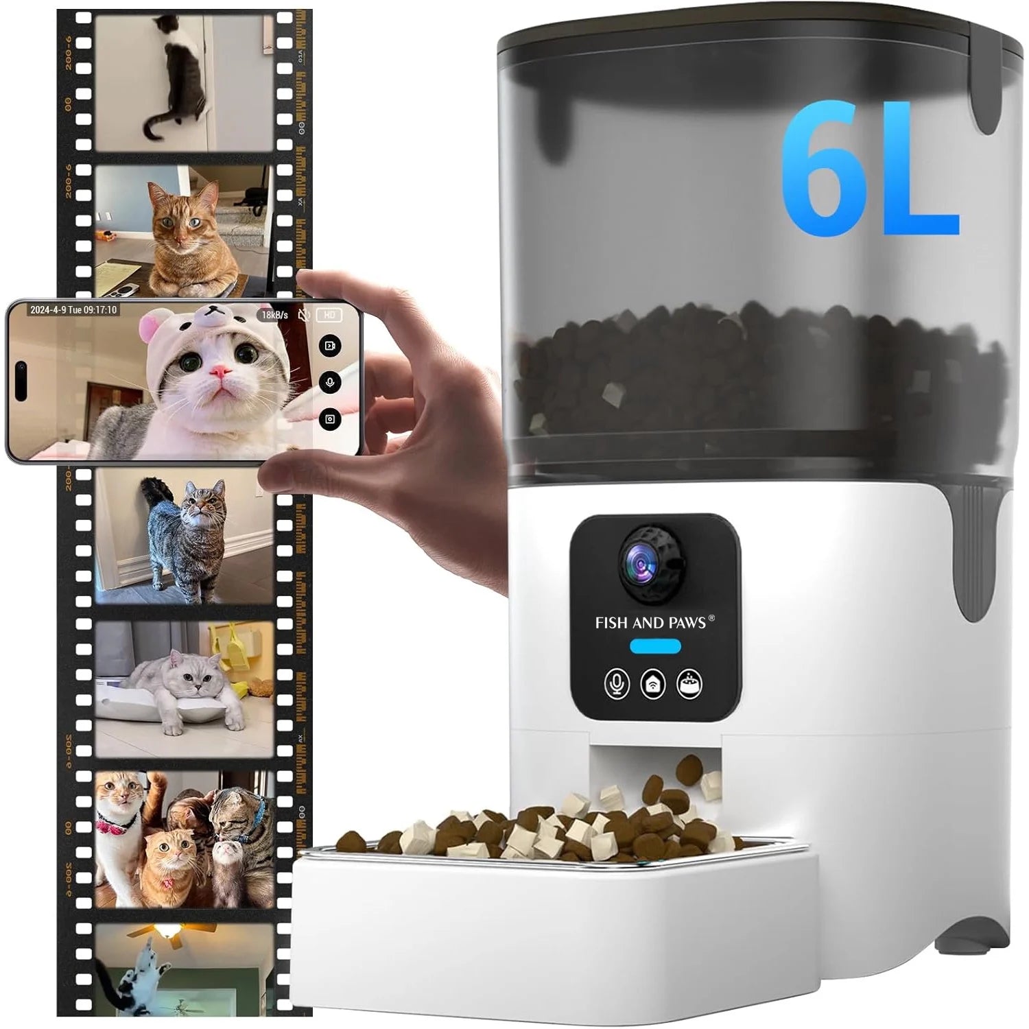 Hrănitor Automat Inteligent Câini/Pisici cu Cameră Live 1080p, WiFi & Aplicație Telefon, 6L, Alb
