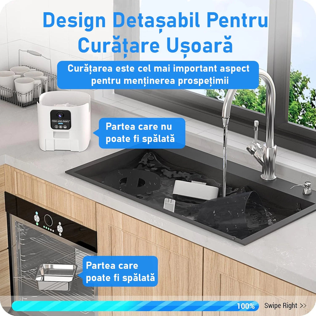 Hrănitor Automat Inteligent Câini/Pisici cu Cameră Live 1080p, WiFi & Aplicație Telefon, 6L, Alb