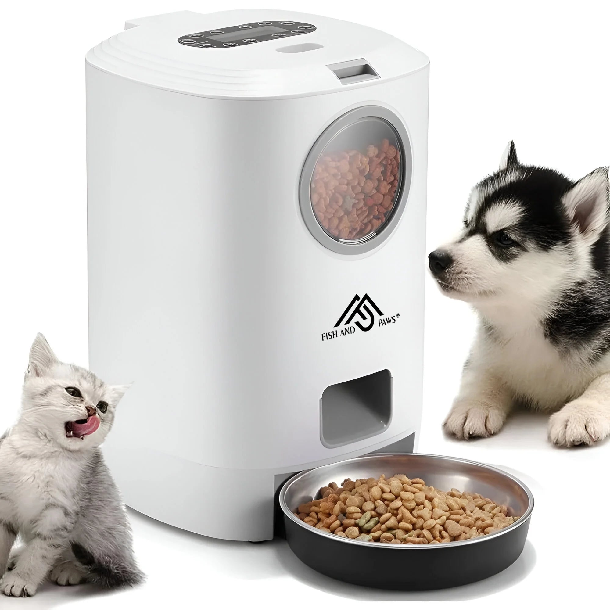 Hrănitor Automat Câini/Pisici cu Mesaj Vocal, Program Mese, 4.5L, Alb – Fish & Paws