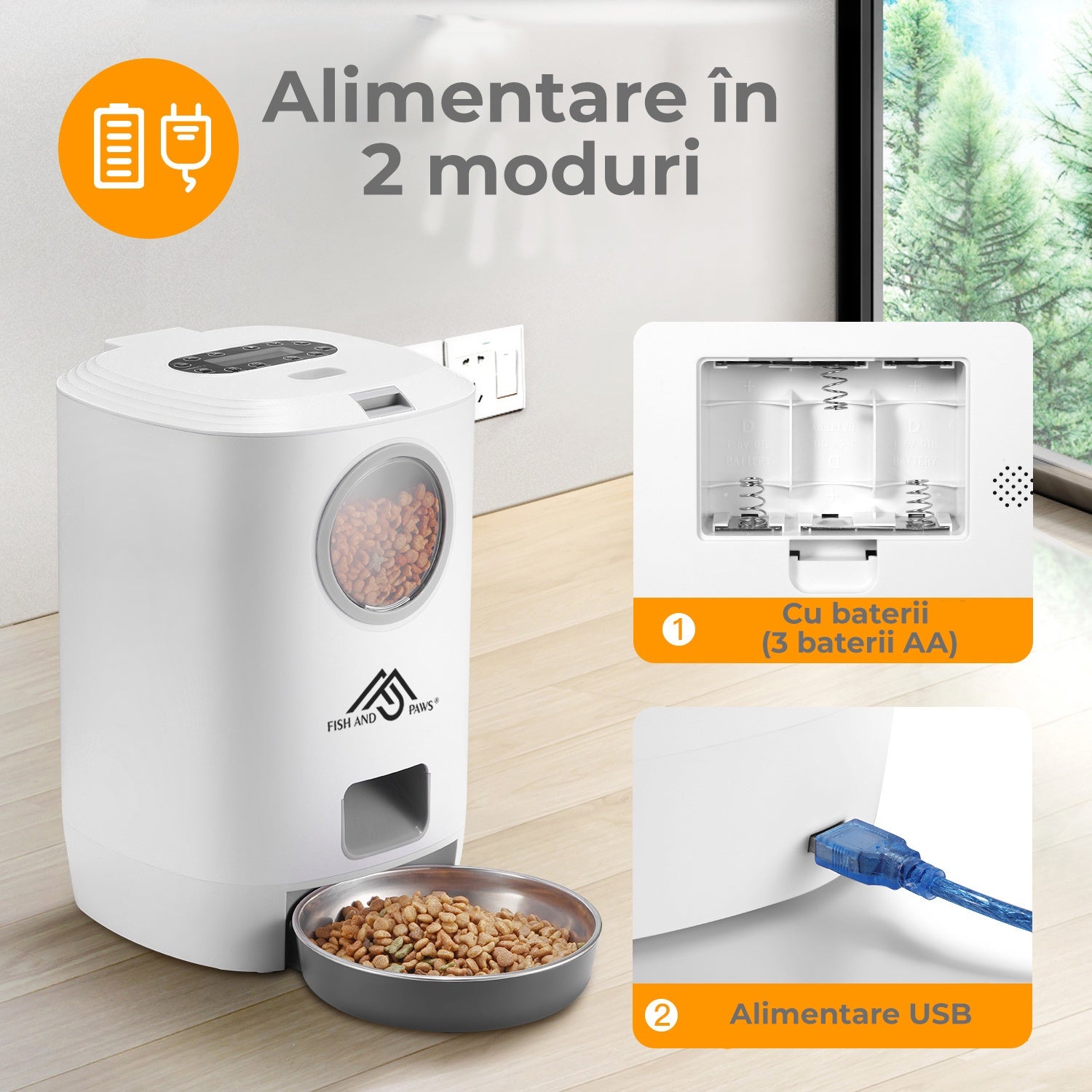 Hrănitor Automat Câini/Pisici cu Mesaj Vocal, Program Mese, 4.5L, Alb – Fish & Paws