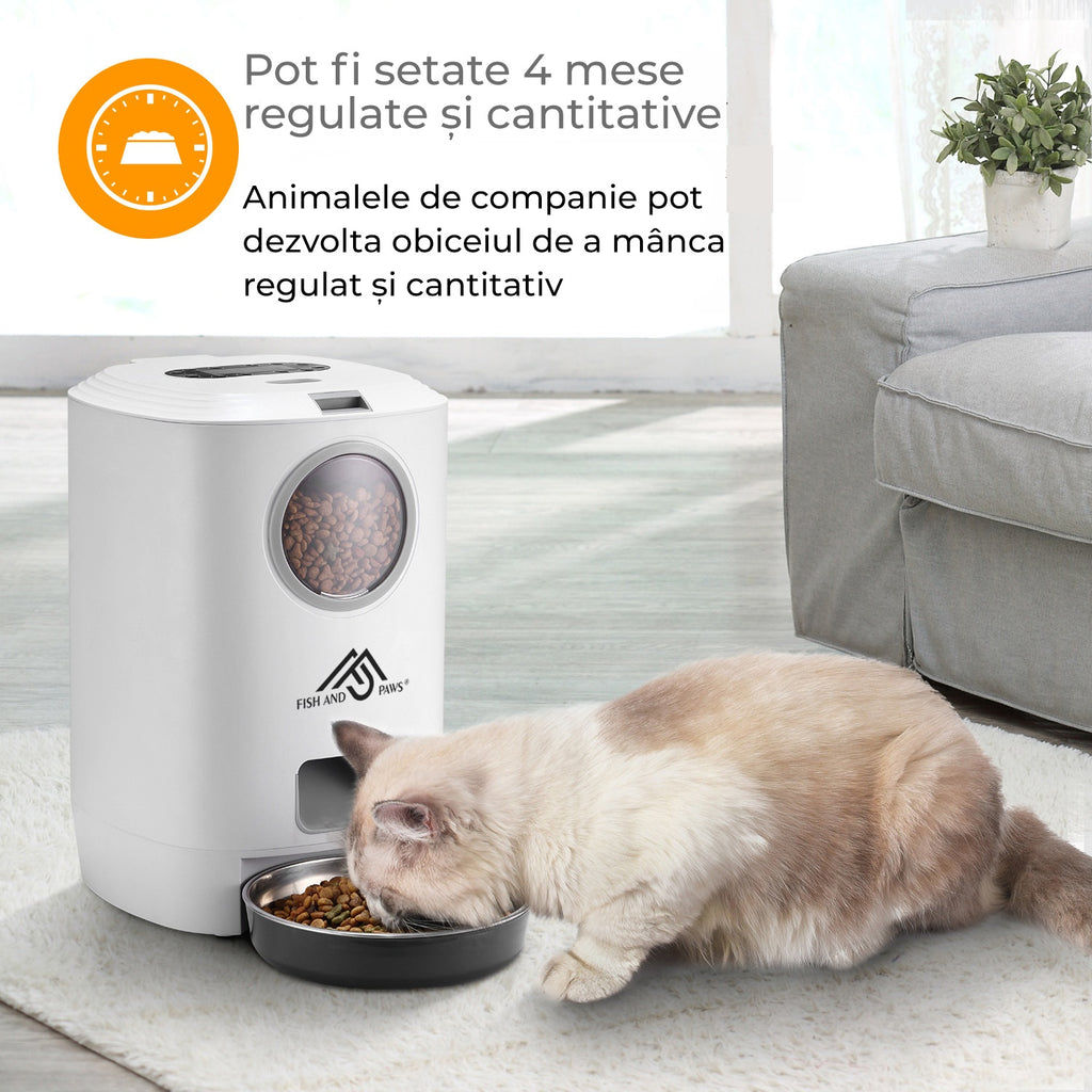 Hrănitor Automat Câini/Pisici cu Mesaj Vocal, Program Mese, 4.5L, Alb – Fish & Paws