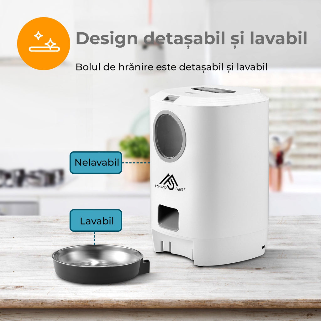 Hrănitor Automat Câini/Pisici cu Mesaj Vocal, Program Mese, 4.5L, Alb – Fish & Paws