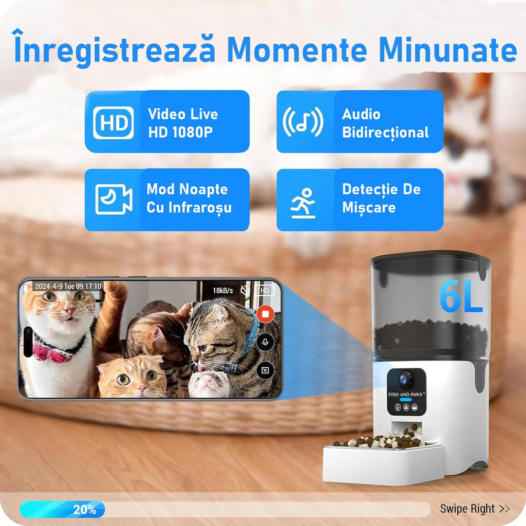 Hrănitor Automat Inteligent Câini/Pisici cu Cameră Live 1080p, WiFi & Aplicație Telefon, 6L, Alb