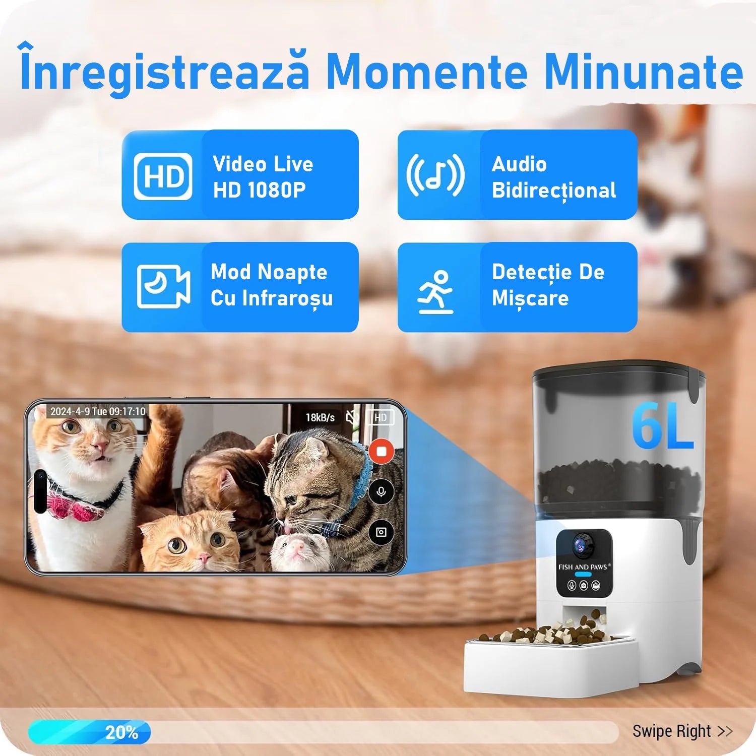 Hrănitor Automat Inteligent Câini/Pisici cu Cameră Live 1080p, WiFi & Aplicație Telefon, 6L, Alb