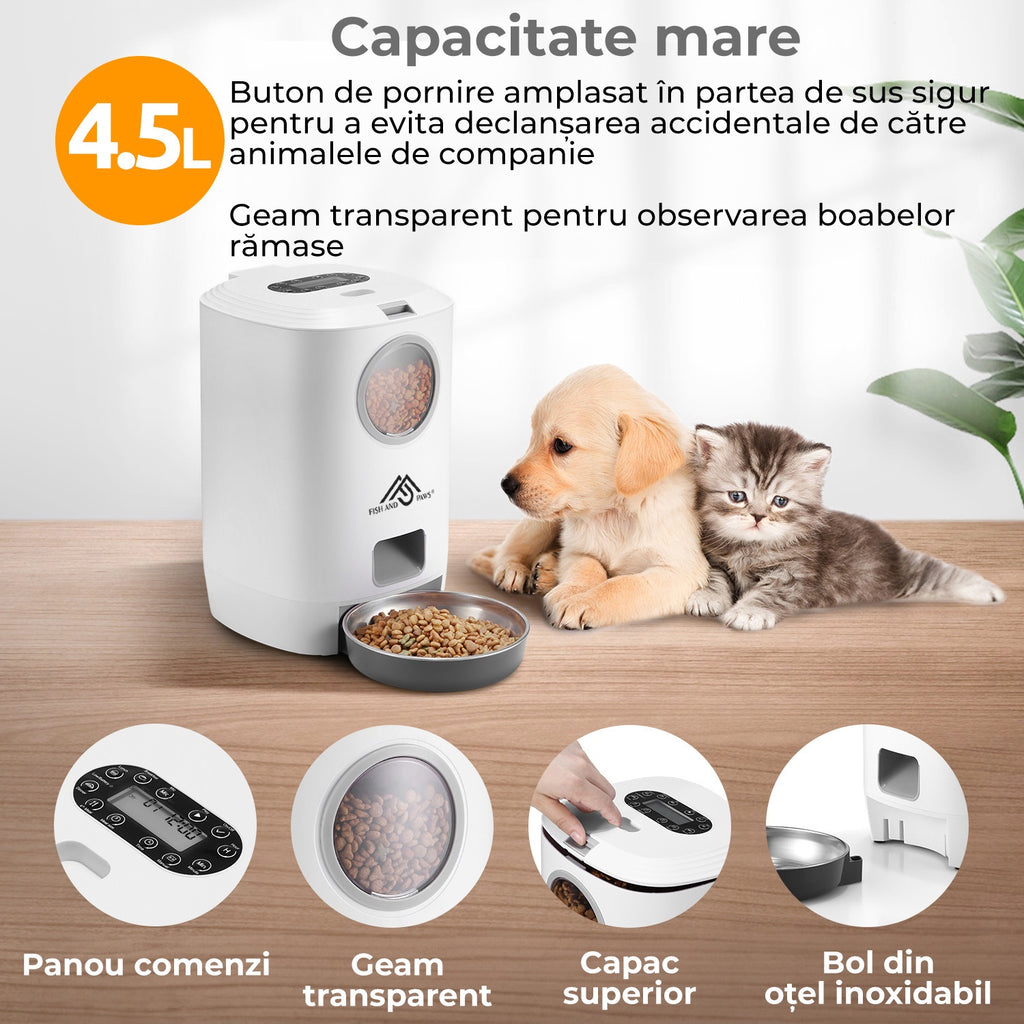 Hrănitor Automat Câini/Pisici cu Mesaj Vocal, Program Mese, 4.5L, Alb – Fish & Paws