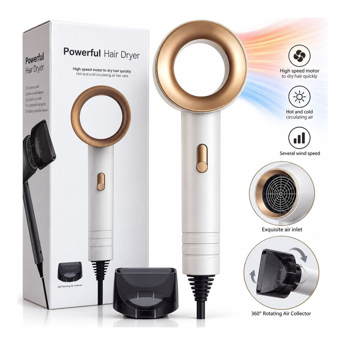 Uscator de par compact cu aer cald si rece, accesoriu rotativ 360°