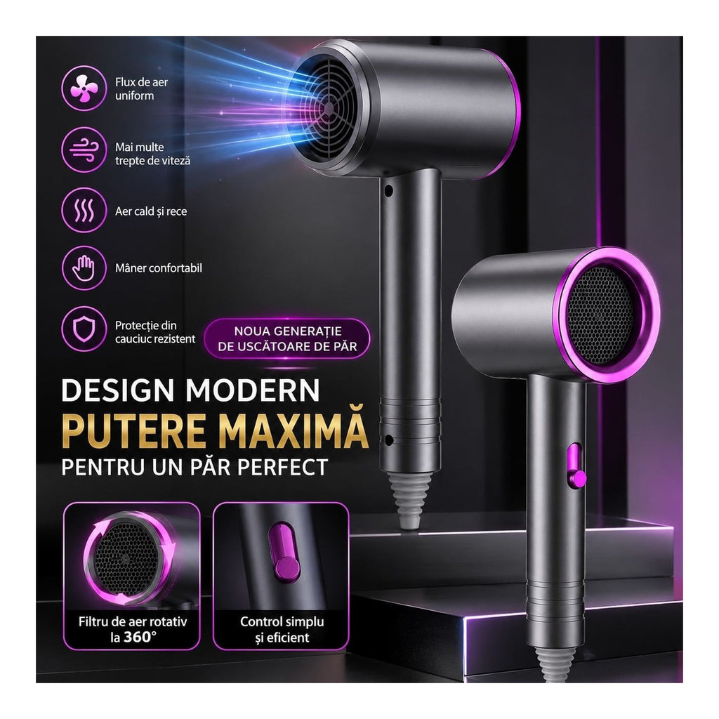 Uscator de par compact cu aer cald si rece, accesoriu rotativ 360°