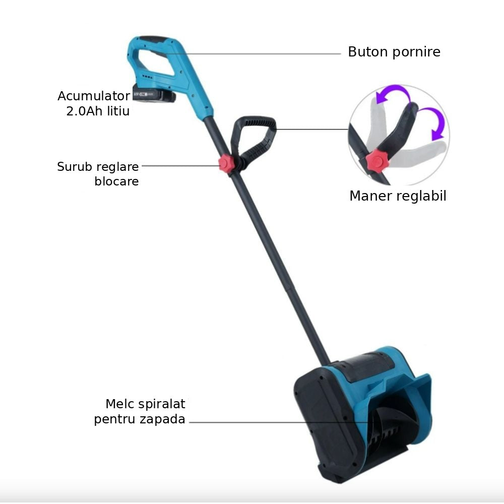 Lopata electrica de zapada cu 2 acumulatori, coada telescopica, latime 25 cm