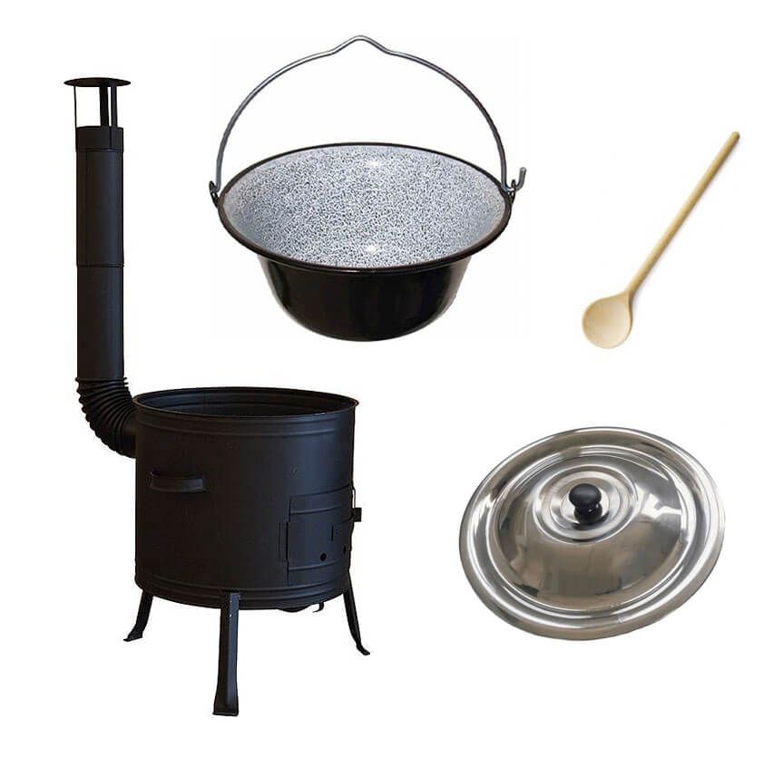 Set ceaun emailat 20L cu soba 39 cm, capac si lingura de lemn 50 cm