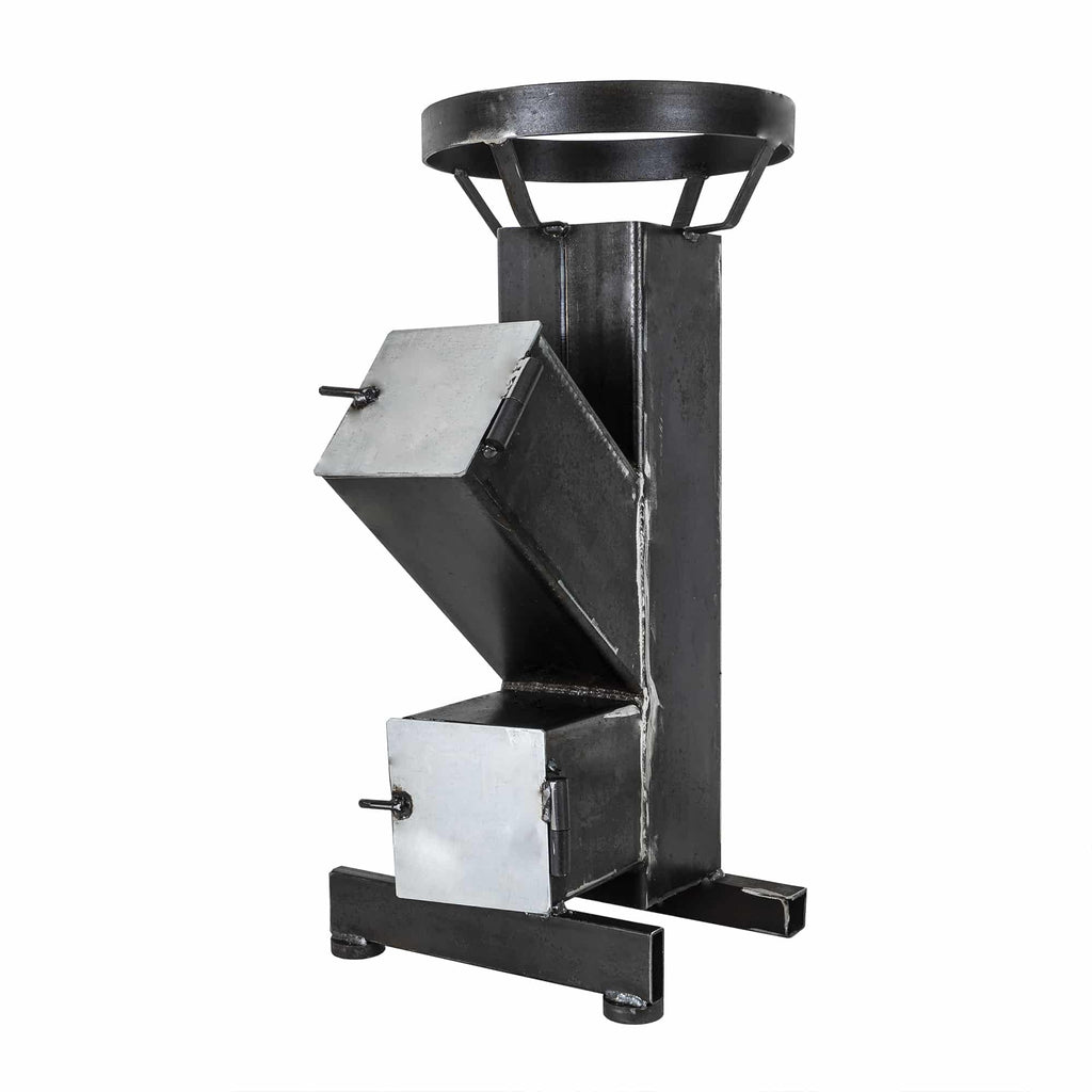 Soba tip racheta 150x150x4 mm din otel, 10 kW, pe lemne, peleti sau carbune