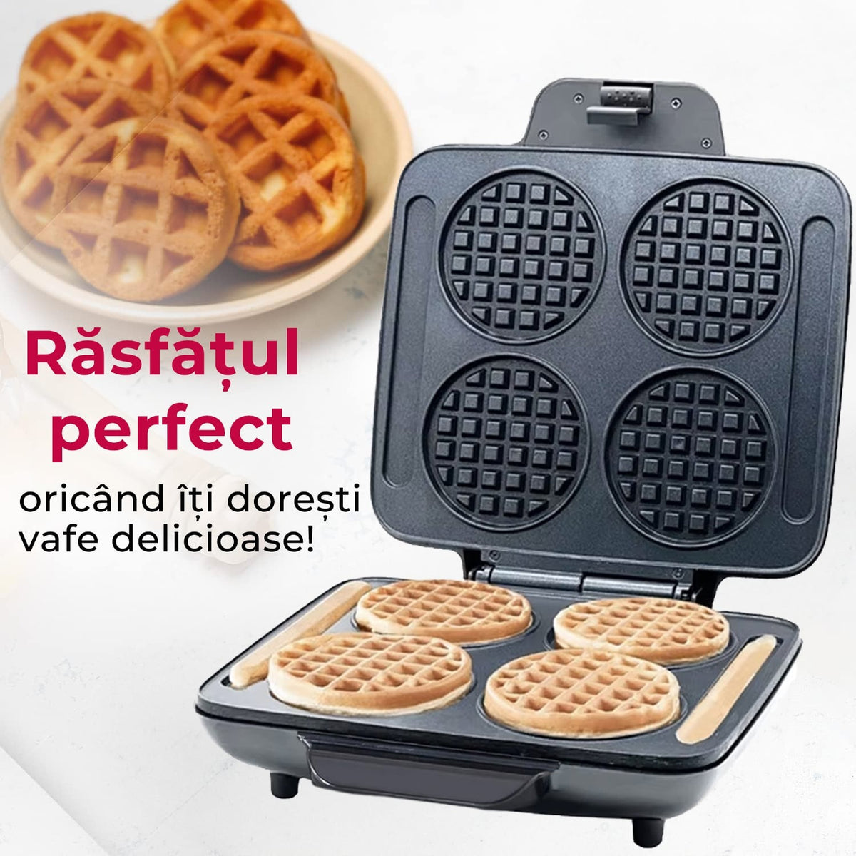 Aparat de facut vafe si gofre, 4 bucati, 1200W, placi antiaderente