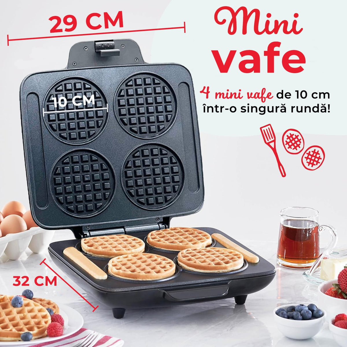 Aparat de facut vafe si gofre, 4 bucati, 1200W, placi antiaderente