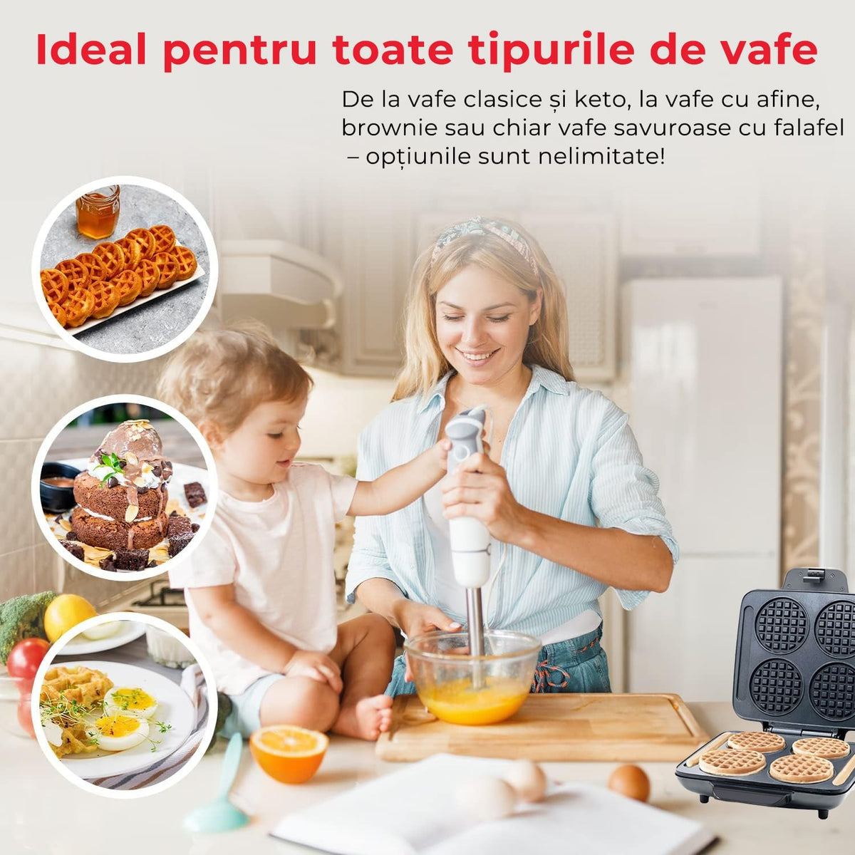 Aparat de facut vafe si gofre, 4 bucati, 1200W, placi antiaderente