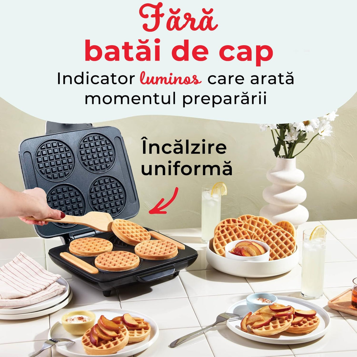 Aparat de facut vafe si gofre, 4 bucati, 1200W, placi antiaderente