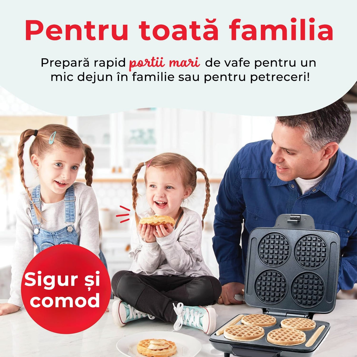 Aparat de facut vafe si gofre, 4 bucati, 1200W, placi antiaderente